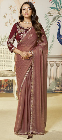 Beige and Brown color Saree in Organza Silk fabric with Embroidered, Sequence work