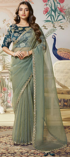 Green color Saree in Organza Silk fabric with Embroidered, Sequence work