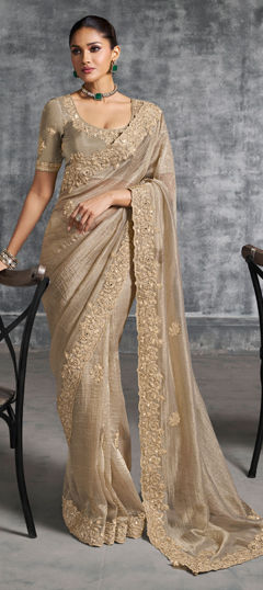 Beige and Brown color Saree in Tissue fabric with Border, Embroidered, Resham, Sequence, Stone, Thread, Zari work