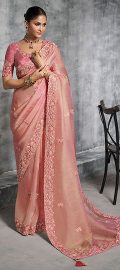Pink and Majenta color Saree in Tissue fabric with Border, Embroidered, Mirror, Resham, Stone, Thread, Zari work