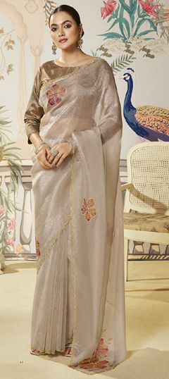 Beige and Brown color Saree in Organza Silk fabric with Stone, Swarovski work
