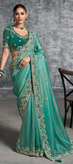 Green color Saree in Tissue fabric with Border, Embroidered, Mirror, Resham, Stone, Thread, Zari work