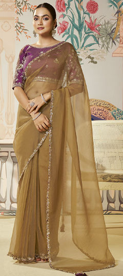Yellow color Saree in Organza Silk fabric with Embroidered, Sequence, Stone work