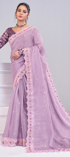 Purple and Violet color Saree in Tissue fabric with Embroidered, Resham, Sequence, Thread work