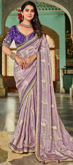 Purple and Violet color Saree in Tissue, Viscose fabric with Border, Embroidered, Zari work