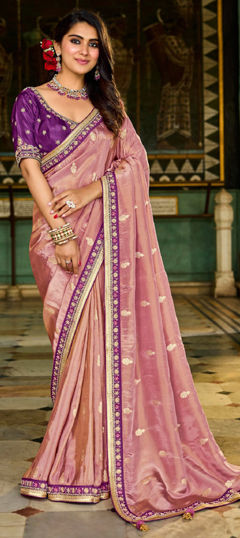 Pink and Majenta color Saree in Tissue, Viscose fabric with Border, Embroidered, Zari work