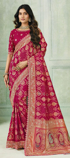 Pink and Majenta color Saree in Silk fabric with Border, Sequence, Stone, Weaving work