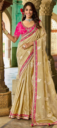 Beige and Brown color Saree in Tissue, Viscose fabric with Border, Embroidered, Zari work