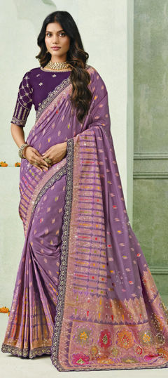 Purple and Violet color Saree in Silk fabric with Border, Sequence, Weaving, Zari work