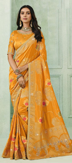 Yellow color Saree in Silk fabric with Border, Sequence, Stone, Weaving work