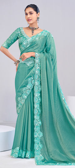 Green color Saree in Tissue fabric with Embroidered, Resham, Sequence, Thread work