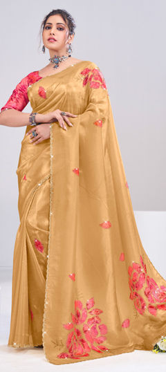 Beige and Brown color Saree in Tissue fabric with Printed, Stone work