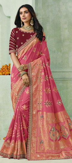 Pink and Majenta color Saree in Silk fabric with Border, Sequence, Stone, Weaving work