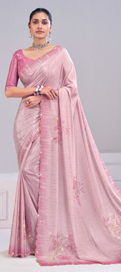 Pink and Majenta color Saree in Silk fabric with Printed, Stone work