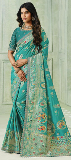 Blue color Saree in Silk fabric with Border, Sequence, Stone, Weaving work