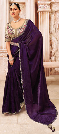 Purple and Violet color Readymade Saree in Silk fabric with Lace, Stone work