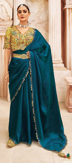 Blue color Readymade Saree in Silk fabric with Lace, Stone work