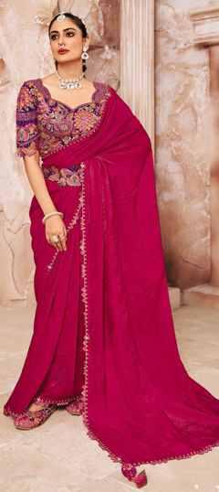 Pink and Majenta color Readymade Saree in Silk fabric with Lace, Stone work