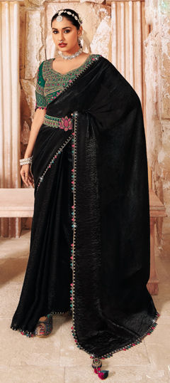 Black and Grey color Readymade Saree in Silk fabric with Lace, Stone work