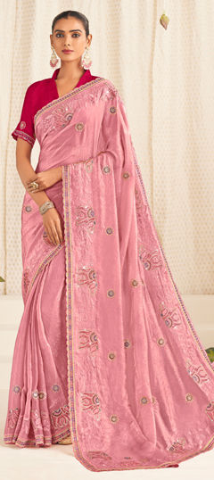 Pink and Majenta color Saree in Tissue fabric with Bugle Beads, Embroidered, Lace, Thread work