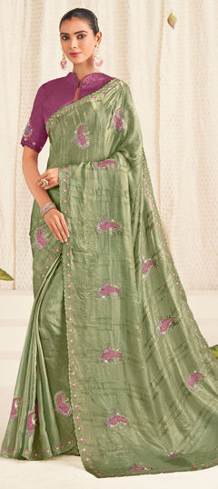 Green color Saree in Tissue fabric with Bugle Beads, Embroidered, Lace, Thread work