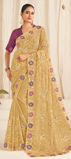 Beige and Brown color Saree in Tissue fabric with Bugle Beads, Embroidered, Lace, Thread work