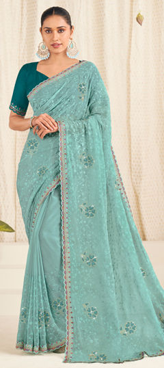 Blue color Saree in Tissue fabric with Bugle Beads, Embroidered, Lace, Thread work
