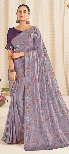 Purple and Violet color Saree in Tissue fabric with Bugle Beads, Embroidered, Lace, Thread work