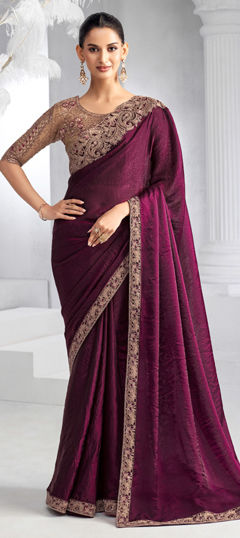 Pink and Majenta color Saree in Crushed Silk fabric with Embroidered, Sequence work