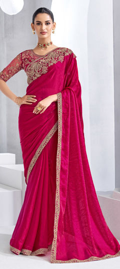 Pink and Majenta color Saree in Crushed Silk fabric with Embroidered, Sequence work