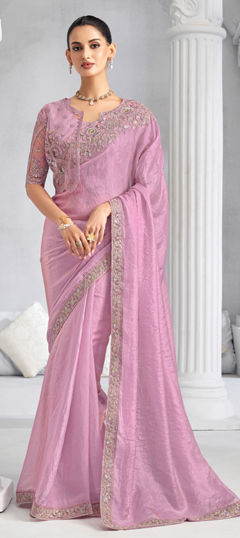 Pink and Majenta color Saree in Crushed Silk fabric with Embroidered, Sequence work