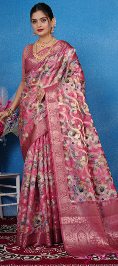 Pink and Majenta color Saree in Silk fabric with Digital Print, Weaving, Zari work