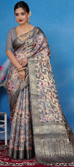 Black and Grey color Saree in Silk fabric with Digital Print, Weaving, Zari work
