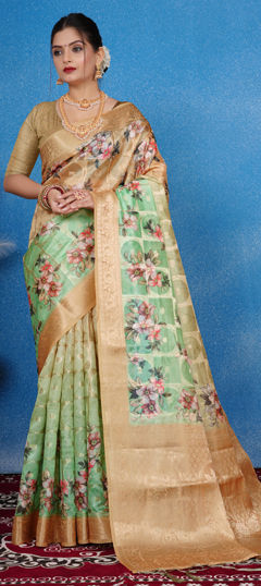 Green color Saree in Georgette fabric with Floral, Printed, Weaving work