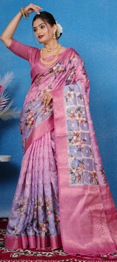 Pink and Majenta color Saree in Georgette fabric with Floral, Printed, Weaving work