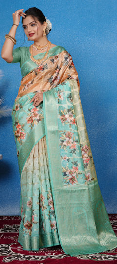 Green color Saree in Georgette fabric with Floral, Printed, Weaving work