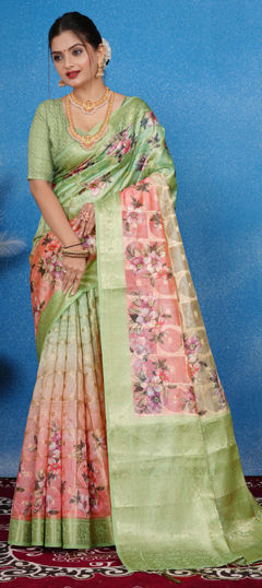 Green color Saree in Georgette fabric with Floral, Weaving work