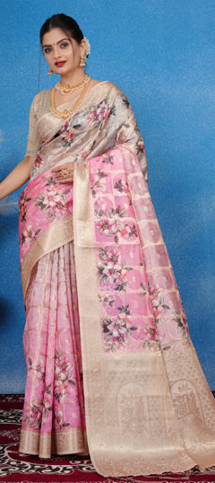 Pink and Majenta color Saree in Georgette fabric with Floral, Printed, Weaving work