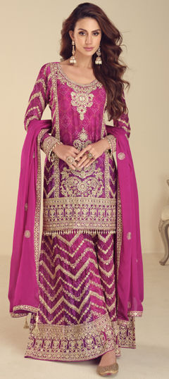 Pink and Majenta color Salwar Kameez in Chinon Silk fabric with Embroidered, Thread, Zari work