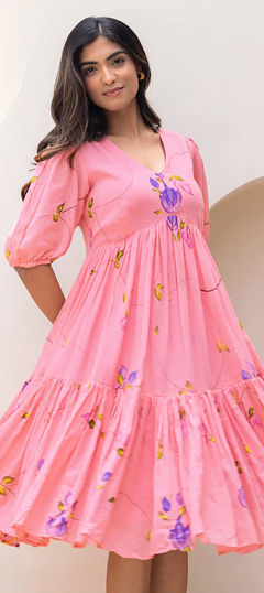 Pink and Majenta color Dress in Kota Silk fabric with Digital Print, Floral work