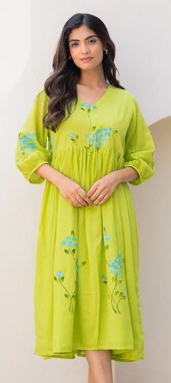 Green color Dress in Kota Silk fabric with Digital Print, Floral work