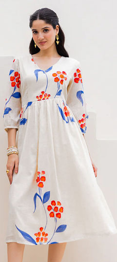 White and Off White color Dress in Kota Silk fabric with Digital Print, Floral work