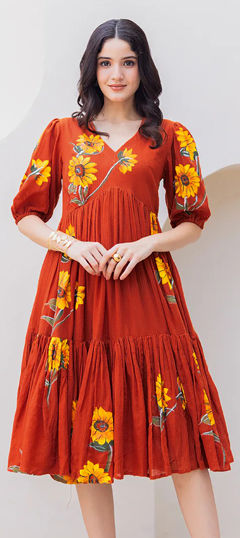 Beige and Brown color Dress in Kota Silk fabric with Digital Print, Floral work