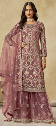 Red and Maroon color Salwar Kameez in Net fabric with Sequence work