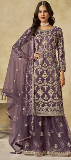 Purple and Violet color Salwar Kameez in Net fabric with Sequence work