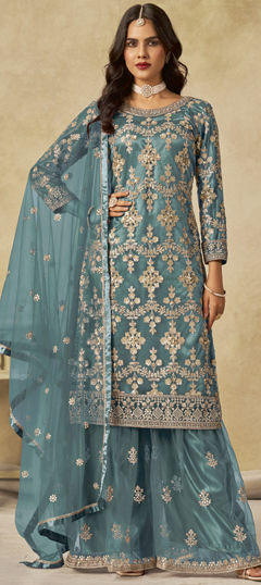 Blue color Salwar Kameez in Net fabric with Sequence work