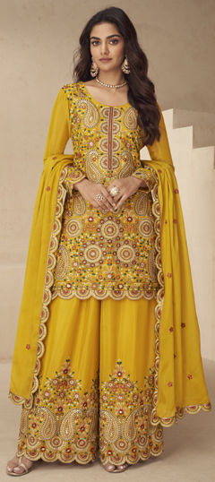 Yellow color Salwar Kameez in Chinon Silk fabric with Embroidered, Sequence, Thread work