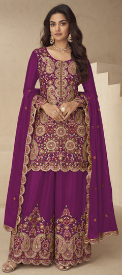Pink and Majenta color Salwar Kameez in Chinon Silk fabric with Embroidered, Sequence, Thread work
