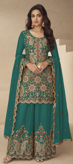 Green color Salwar Kameez in Chinon Silk fabric with Embroidered, Sequence, Thread work