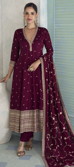 Pink and Majenta color Salwar Kameez in Silk fabric with Embroidered, Thread work